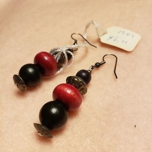 Red & Black Wood & Silver Earrings